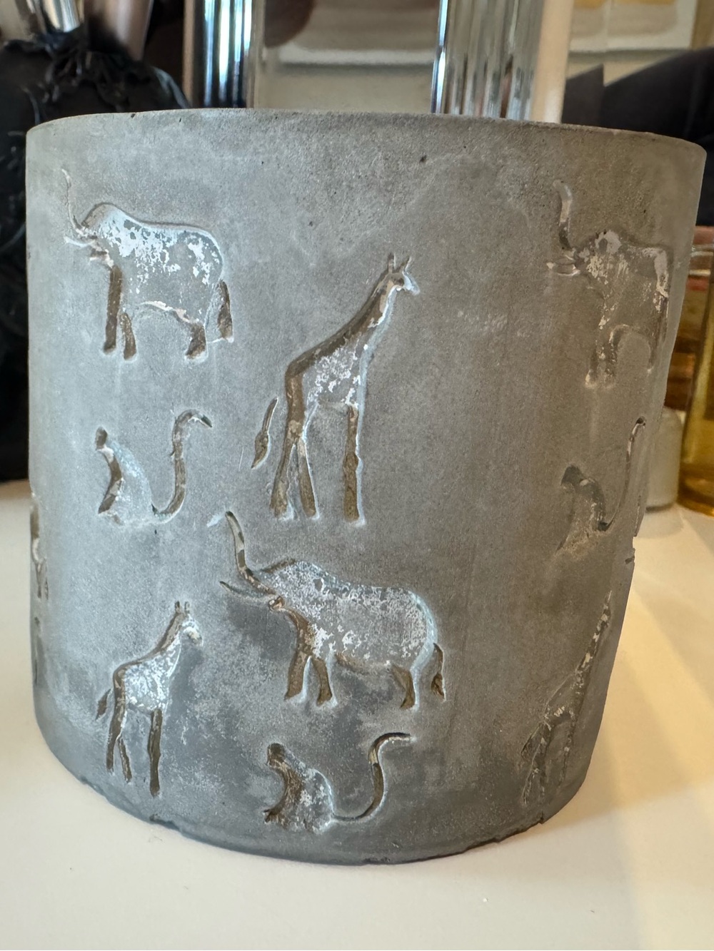 Gray Cement Safari Animal Planter Pot 4” Embossed Elephant Giraffe